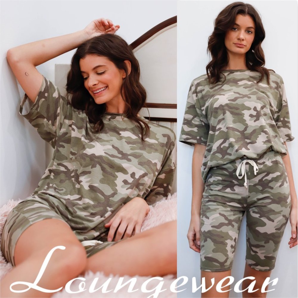 Camo Print Short T-Shirt & Biker Shorts 2 piece Set - Picture 1 of 8